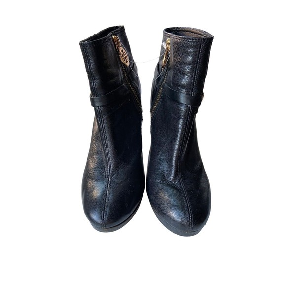 Tory Burch Women Whitney Leather Ankle Boots Size 6 Black Block Heel Gold Accent - Picture 3 of 12
